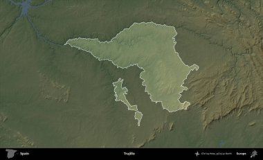 Trujillo. İspanya 'nın idari alanı koyu renkli bir yükseklik haritasına vurgulanmış ve özetlenmiştir