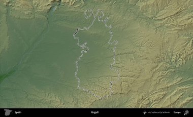 Urgell. İspanya 'nın idari bölgesi renkli bir yükseklik haritasında özetlenmiştir