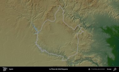 La Plana de Utiel-Requena. İspanya 'nın idari bölgesi renkli bir yükseklik haritasında özetlenmiştir