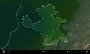 Utrera. İspanya 'nın idari alanı koyu renkli bir yükseklik haritasına vurgulanmış ve özetlenmiştir