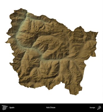 Val d'Aran. İspanya 'nın idari bölgesi renkli bir yükseklik haritasında beyaza izole edilmiş