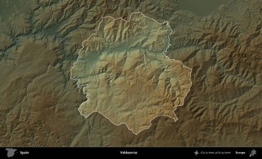 Valdeorras. İspanya 'nın idari alanı koyu renkli bir yükseklik haritasına vurgulanmış ve özetlenmiştir