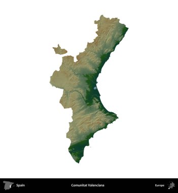 Comunitat Valenciana. İspanya 'nın idari bölgesi renkli bir yükseklik haritasında beyaza izole edilmiş