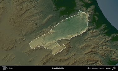 La Vall d 'Albaida' da. İspanya 'nın idari alanı koyu renkli bir yükseklik haritasına vurgulanmış ve özetlenmiştir