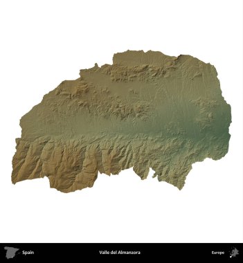 Valle del Almanzora. İspanya 'nın idari bölgesi renkli bir yükseklik haritasında beyaza izole edilmiş