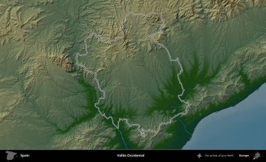 Valles Batı Yakası. İspanya 'nın idari bölgesi renkli bir yükseklik haritasında özetlenmiştir
