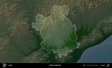 Valles Batı Yakası. İspanya 'nın idari alanı koyu renkli bir yükseklik haritasına vurgulanmış ve özetlenmiştir