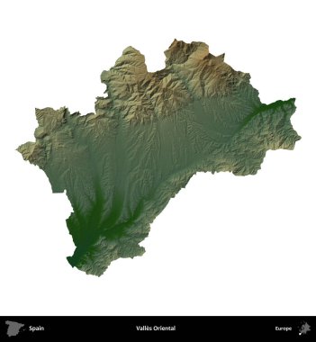 Valles Oriental. İspanya 'nın idari bölgesi renkli bir yükseklik haritasında beyaza izole edilmiş