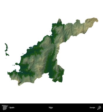 Vigo. İspanya 'nın idari bölgesi renkli bir yükseklik haritasında beyaza izole edilmiş