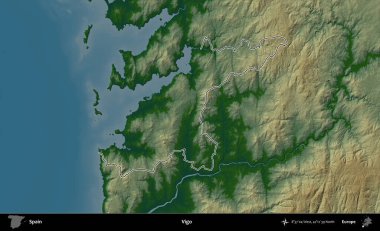 Vigo. İspanya 'nın idari bölgesi renkli bir yükseklik haritasında özetlenmiştir