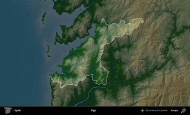 Vigo. İspanya 'nın idari alanı koyu renkli bir yükseklik haritasına vurgulanmış ve özetlenmiştir