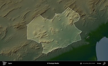 El Vinalopo Medio. İspanya 'nın idari alanı koyu renkli bir yükseklik haritasına vurgulanmış ve özetlenmiştir