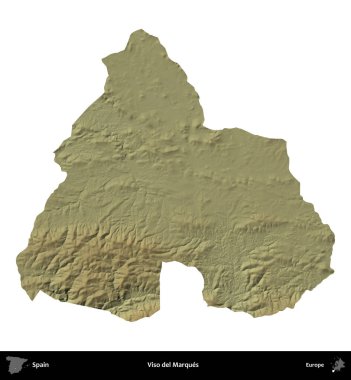 Viso del Marques. İspanya 'nın idari bölgesi renkli bir yükseklik haritasında beyaza izole edilmiş