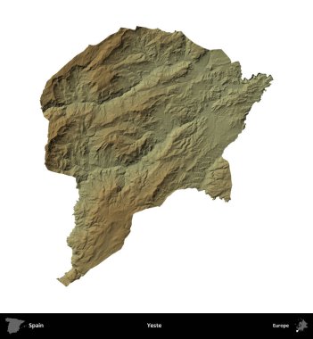 Yeste. İspanya 'nın idari bölgesi renkli bir yükseklik haritasında beyaza izole edilmiş