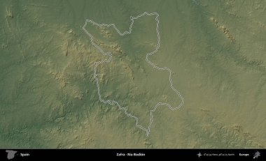 Zafra - Rio Bodion. İspanya 'nın idari bölgesi renkli bir yükseklik haritasında özetlenmiştir