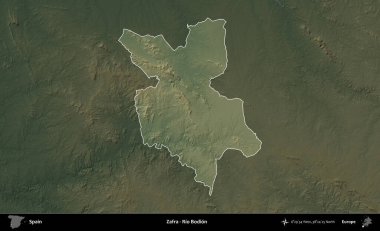 Zafra - Rio Bodion. İspanya 'nın idari alanı koyu renkli bir yükseklik haritasına vurgulanmış ve özetlenmiştir