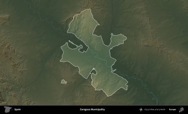 Zaragoza Belediyesi. İspanya 'nın idari alanı koyu renkli bir yükseklik haritasına vurgulanmış ve özetlenmiştir