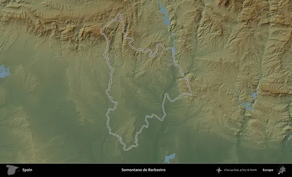 Somontano de Barbastro. İspanya 'nın idari bölgesi renkli bir yükseklik haritasında özetlenmiştir