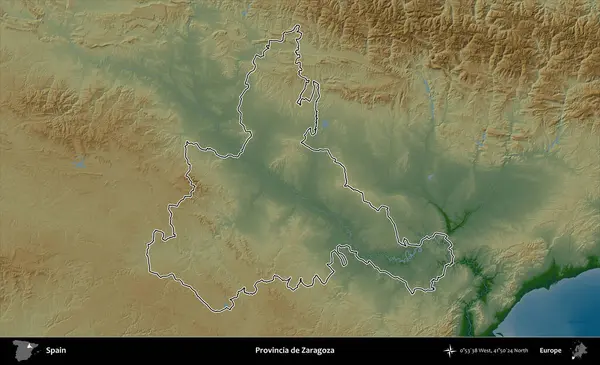 İl de Zaragoza. İspanya 'nın idari bölgesi renkli bir yükseklik haritasında özetlenmiştir