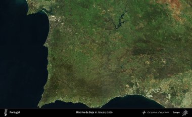 Distrito de Beja. Portekiz 'in idari bölgesi, Global Mozaik Sentinel-2' nin Ocak 2020 'de çekilmiş uydu görüntüsü üzerine kurulmuştur.