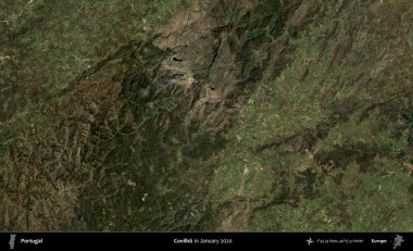 Covilha. Portekiz 'in idari bölgesi, Global Mozaik Sentinel-2' nin Ocak 2020 'de çekilmiş uydu görüntüsü üzerine kurulmuştur.