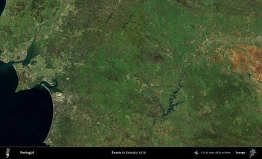 Evora. Portekiz 'in idari bölgesi, Global Mozaik Sentinel-2' nin Ocak 2020 'de çekilmiş uydu görüntüsü üzerine kurulmuştur.