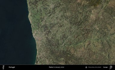 Porto. Portekiz 'in idari bölgesi, Global Mozaik Sentinel-2' nin Ocak 2020 'de çekilmiş uydu görüntüsü üzerine kurulmuştur.