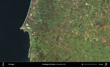 Santiago Cacem 'i yap. Portekiz 'in idari bölgesi, Global Mozaik Sentinel-2' nin Ocak 2020 'de çekilmiş uydu görüntüsü üzerine kurulmuştur.