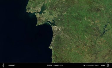 Setubal. Portekiz 'in idari bölgesi, Global Mozaik Sentinel-2' nin Ocak 2020 'de çekilmiş uydu görüntüsü üzerine kurulmuştur.