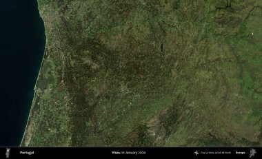 Viseu. Portekiz 'in idari bölgesi, Global Mozaik Sentinel-2' nin Ocak 2020 'de çekilmiş uydu görüntüsü üzerine kurulmuştur.