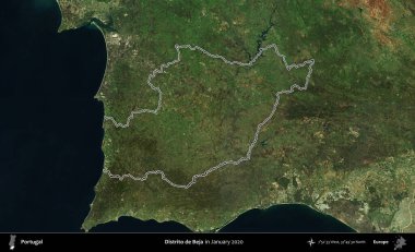 Distrito de Beja. Portekiz 'in idari alanı, Ocak 2020' de çekilen Global Mozaik Sentinel-2 karolarından oluşan bir uydu görüntüsünde özetlenmiştir.