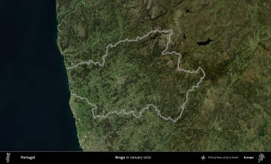 - Braga. Portekiz 'in idari alanı, Ocak 2020' de çekilen Global Mozaik Sentinel-2 karolarından oluşan bir uydu görüntüsünde özetlenmiştir.