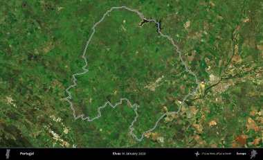 Elvas. Portekiz 'in idari alanı, Ocak 2020' de çekilen Global Mozaik Sentinel-2 karolarından oluşan bir uydu görüntüsünde özetlenmiştir.