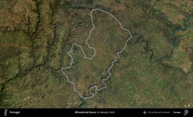 Miranda Douro 'yu yap. Portekiz 'in idari alanı, Ocak 2020' de çekilen Global Mozaik Sentinel-2 karolarından oluşan bir uydu görüntüsünde özetlenmiştir.