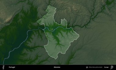 Abrantes. Portekiz 'in idari alanı koyu renkli bir yükseklik haritasına vurgulanmış ve özetlenmiştir