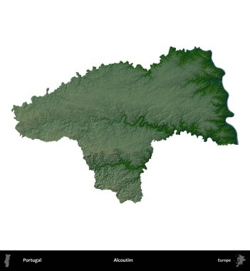 Alcoutim. Portekiz 'in idari bölgesi renkli bir yükseklik haritasında beyaz üzerine izole edilmiş