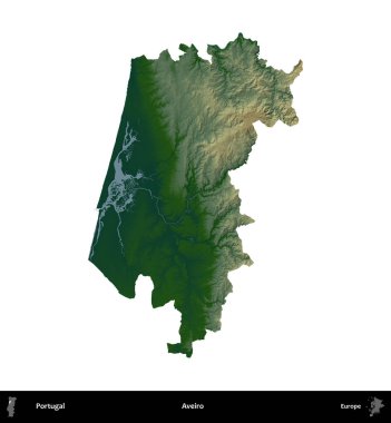 Aveiro. Portekiz 'in idari bölgesi renkli bir yükseklik haritasında beyaz üzerine izole edilmiş