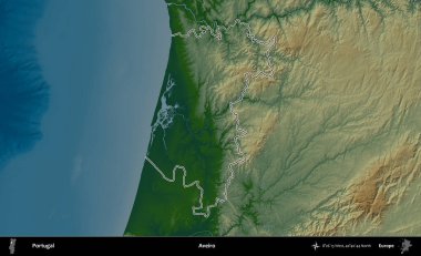 Aveiro. Portekiz 'in idari alanı renkli bir yükseklik haritasında özetlenmiştir