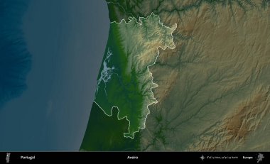 Aveiro. Portekiz 'in idari alanı koyu renkli bir yükseklik haritasına vurgulanmış ve özetlenmiştir