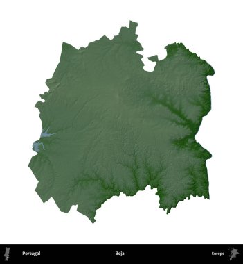 Beja Belediyesi. Portekiz 'in idari bölgesi renkli bir yükseklik haritasında beyaz üzerine izole edilmiş