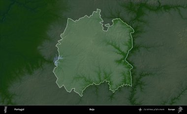 Beja Belediyesi. Portekiz 'in idari alanı koyu renkli bir yükseklik haritasına vurgulanmış ve özetlenmiştir