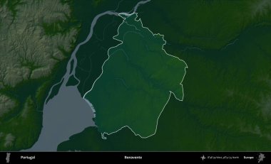 Benavente. Portekiz 'in idari alanı koyu renkli bir yükseklik haritasına vurgulanmış ve özetlenmiştir