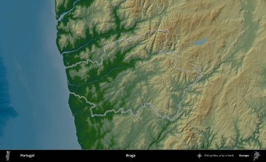 - Braga. Portekiz 'in idari alanı renkli bir yükseklik haritasında özetlenmiştir