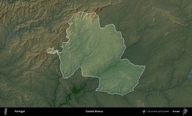 Castelo Branco. Portekiz 'in idari alanı koyu renkli bir yükseklik haritasına vurgulanmış ve özetlenmiştir