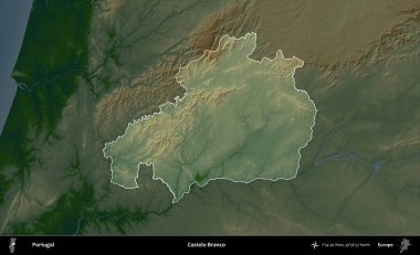 Castelo Branco. Portekiz 'in idari alanı koyu renkli bir yükseklik haritasına vurgulanmış ve özetlenmiştir