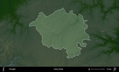 Castro Verde. Portekiz 'in idari alanı koyu renkli bir yükseklik haritasına vurgulanmış ve özetlenmiştir