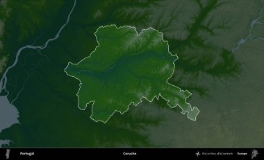 Coruche. Portekiz 'in idari alanı koyu renkli bir yükseklik haritasına vurgulanmış ve özetlenmiştir