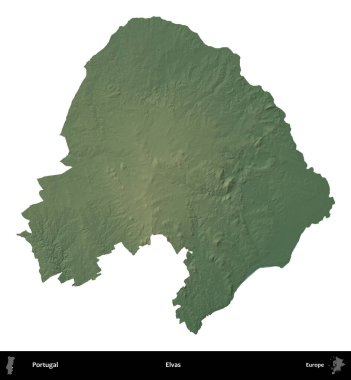 Elvas. Portekiz 'in idari bölgesi renkli bir yükseklik haritasında beyaz üzerine izole edilmiş