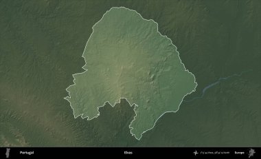 Elvas. Portekiz 'in idari alanı koyu renkli bir yükseklik haritasına vurgulanmış ve özetlenmiştir