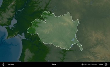 Evora. Portekiz 'in idari alanı koyu renkli bir yükseklik haritasına vurgulanmış ve özetlenmiştir